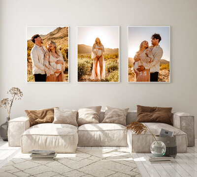 large frames in house with maternity photographs by Arizona photographer Amber of Cactus & Pine LLC