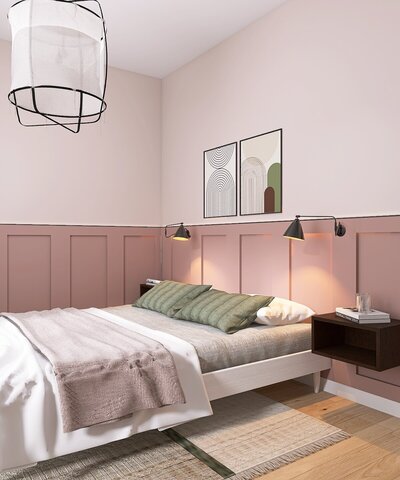 Schlafzimmer in pudrigen Rosatönen