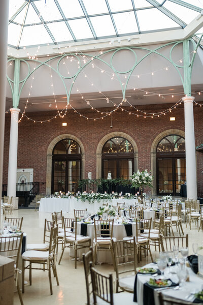 Wedding reception setup in the Gothic Cloister at Dayton Art Institute