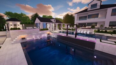 Luxury tiered pool with waterfall feature and rope swing. This beautiful Texas backyard also features a custom slide structure with tanning deck and grotto.