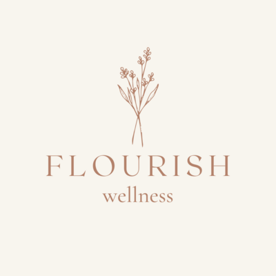 Logo of flowers with the words flourish wellness below