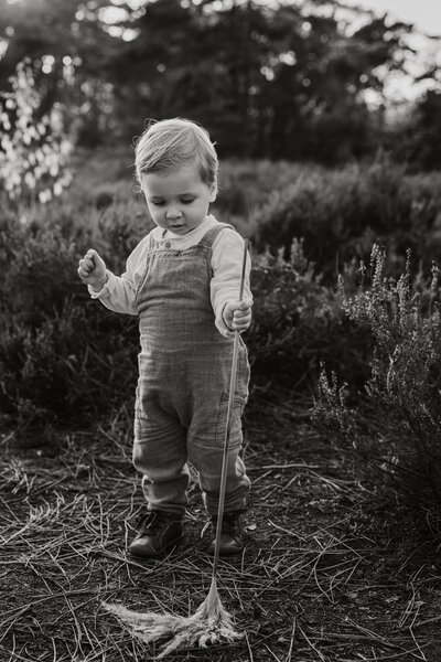 Kindje speelt met stok tijdens familieshoot in het bos