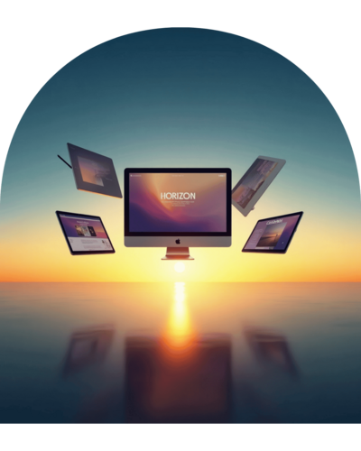 Mockup d’un site internet intitulé Horizon affiché sur plusieurs écrans flottant au-dessus d’un coucher de soleil, création webdesign réalisée par Lili Créa Design à Saint-Nazaire en Loire-Atlantique.