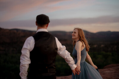 Adventure engagement session in Sedona’s desert landscape