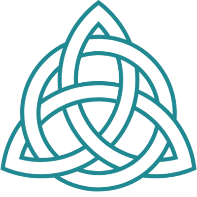 Teal Celtic knot symbol representing interconnectedness, unity, and the integration of mind, body, and spirit.