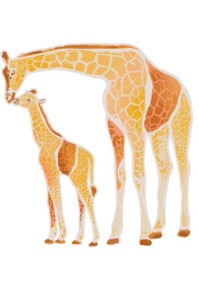 Giraffe parent cuddles child