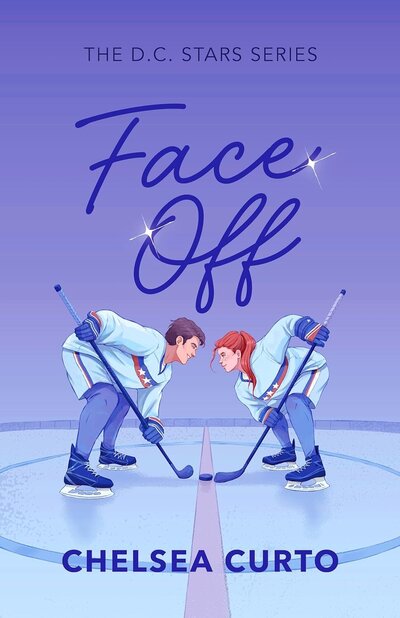 Illustrated book cover for Face Off by Chelsea Curto. A blue/purple ombre background with a brunet man and a red headed woman facing off at centre ice.