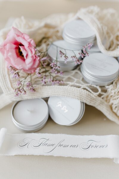 Bespoke luxury candles designed as a wedding guests gift