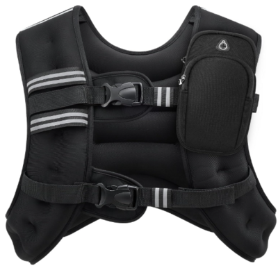 A black adjustable weighted vest with thick shoulder padding, front buckles, and a zippered front pocket. Designed for strength training or walking to increase resistance and improve fitness.