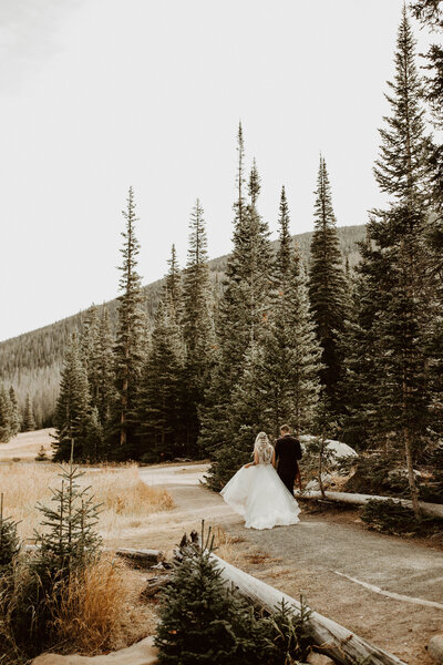 Bride and groom walking through the mountains