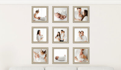 Story gallery wall with photos from a newborn session taken by angelia jansen of one good shot photography in fresno ca