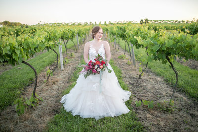 Bride in wedding dress holding brightly colored bouquet in the vineyards at Providence Vineyard wedding venue
