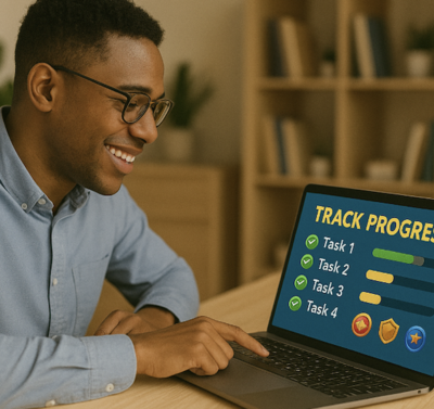 Young man using progress tracker app on laptop