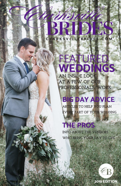 magazine cover of 2019 edition of Clarksville Brides with groom in suit and bride in wedding dress holding wedding bouquet by her side as groom holds bride close  while they stare at each other