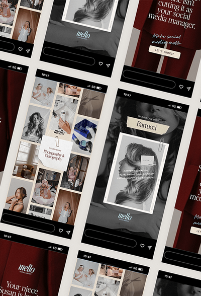A collage of different instagram stories for different clients that Mello Social has created content for.