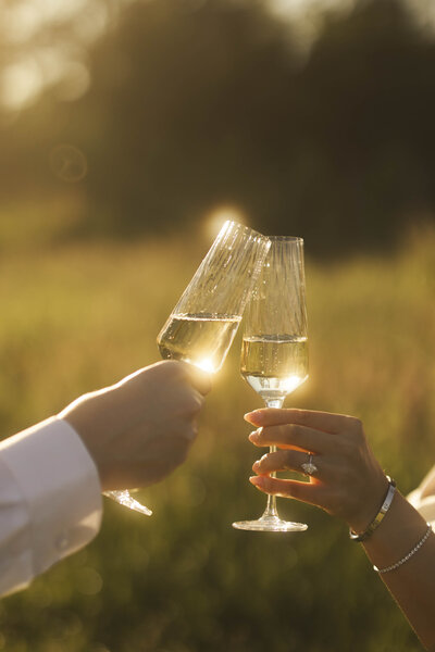 Champagne toast at sunset with bride and groop