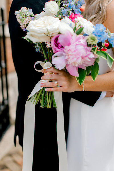 Bride in beautiful wedding courtyard