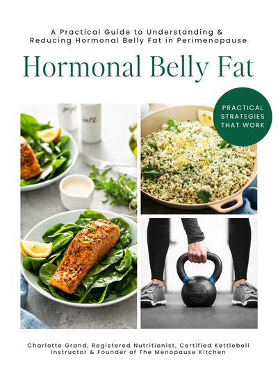Hormonal Belly Fat guide cover showing nutrient-rich meals and a kettlebell, representing nutrition and strength training strategies for reducing belly fat in perimenopause.