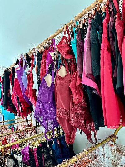 Colorful bras and panties neatly arranged on a hanging rack.