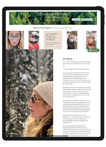 A website page featuring a woman in a stylish hat and glasses, smiling at the camera.