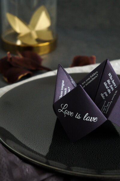 Origami fortune teller or cootie catcher in dark purple paper with Love is Love printed on the side in white ink