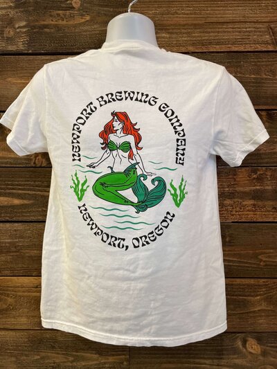 Screen printed white shirt with text: Newport Brewing Company Newport, Oregon with mermaid graphic design in the center.