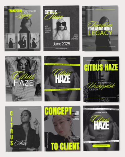 Bold, editorial black and white social media marketing templates with bright neon yellow and white accents for creative businesses.