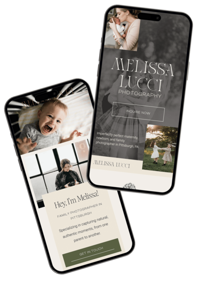 Two smartphones display the website of Melissa Lucci Photography, showcasing her artistry in child and couple portraits. The phones rest on a dark green fabric background, illustrating the work of a talented Showit Designer adept in branding design.