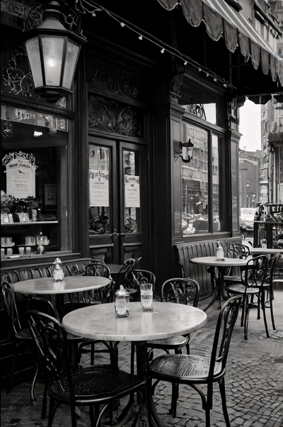 Charming black and white photo of a vintage Parisian outdoor café with empty tables and ornate details, evoking old-world elegance