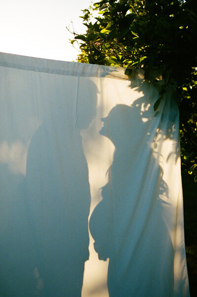 a pregnant woman and her husband stand behind a white sheet hung over trees in an orchard and you can see their silhouettes