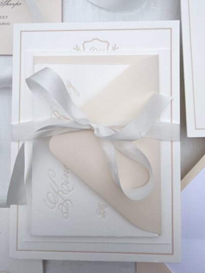 Semi-custom wedding invitation with silk ribbon