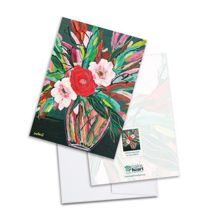Front of greeting card with a painting of a red, pink, and green floral arrangement in a glass vase.