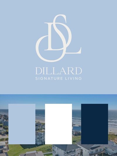 Dillard Signature Living logo with core brand colors: soft coastal blue, crisp white, and deep navy, set against a beachfront property backdrop in Galveston, Texas.