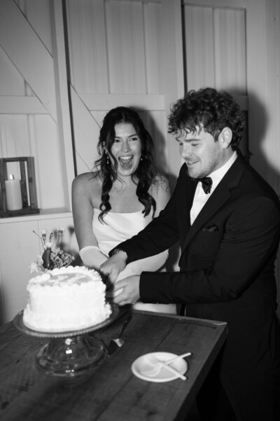 A couple cutting their wedding cake together