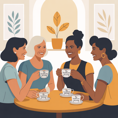 Four women enjoying a relaxed conversation in a cozy, sunlit living room with mid-century modern decor at NiuOla Health in Olympia, Washington, highlighting a welcoming and supportive community atmosphere.