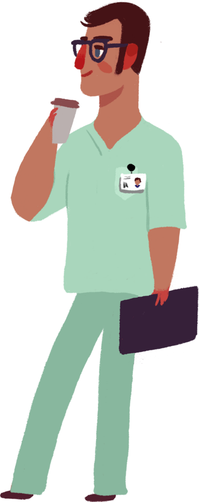 cartoon male nurse in light green scrubs drinking coffee