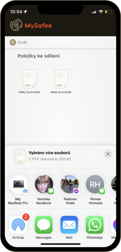 sdílení dokumentů v mobilní aplikaci mysafee