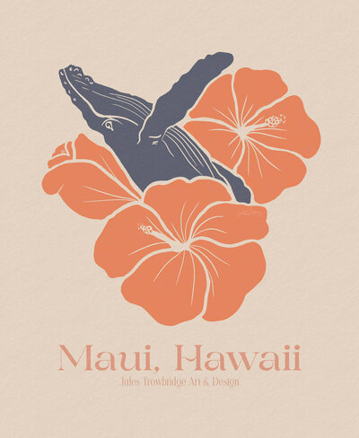 A blue Humpback Whale breaches over orange hibiscus flowers, illustrated against a beige background.