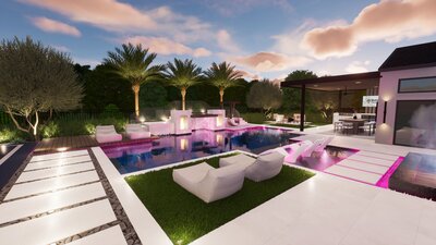 Luxury backyard design with modern jump pad, grotto, outdoor kitchen, and basketball court.