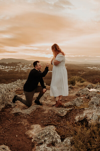 Proposal  at golden hour on top of Emu Mountain at the sunshine coast