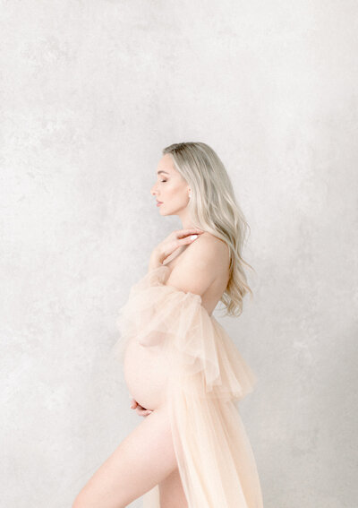 Beautiful fine art maternity portrait of an expecting mama showing off her bump as she lets her tulle gown drape off her body as she poses in a Las Vegas Maternity Studio