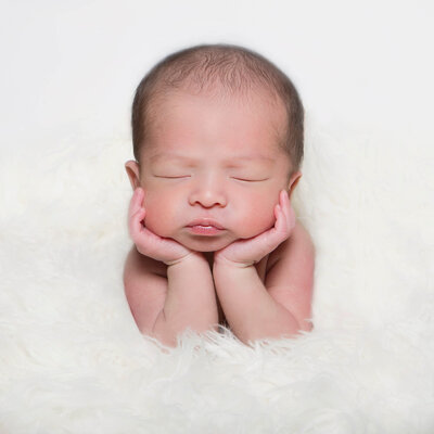 Newborn baby asleep leaning in hands - By Los Angeles Newborn Photographer