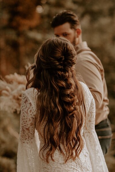 Close up of a bride's braided hair on her elopement day