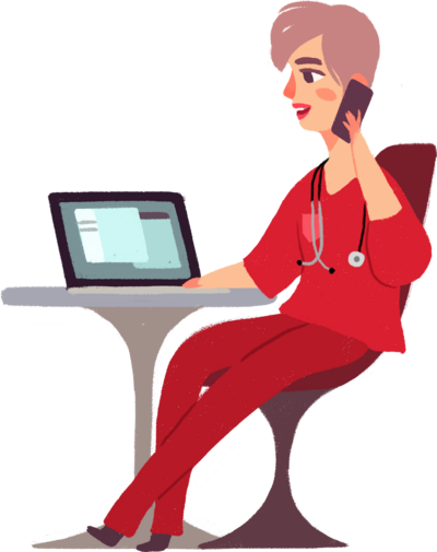 cartoon woman nurse in red scrubs working on laptop