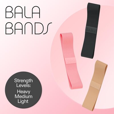 Three Bala Resistance Bands in black, blush, and tan, labeled light to heavy strength levels.