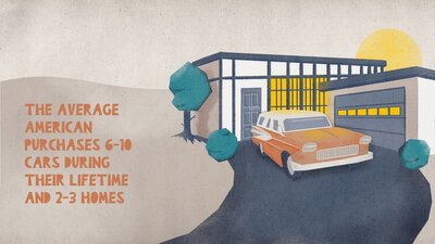 This presentation page features custom illustrations of a car in a midcentury modern home. It uses a storybook aesthetic.