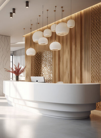 Interior design of upscale reception desk at hotel