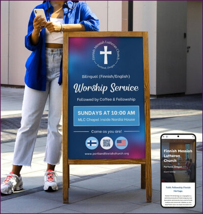 Custom blue-themed church signboard design and mobile device view of their website crafted by Helia Studios
