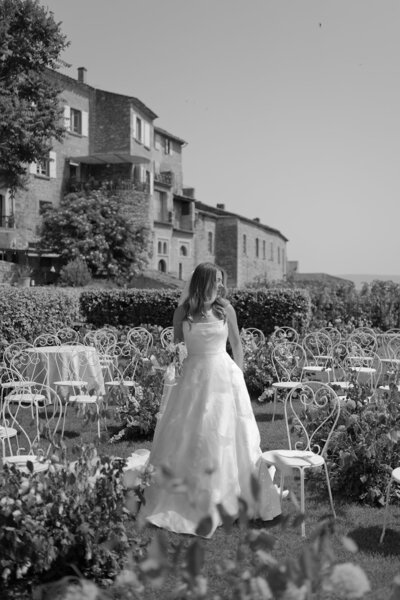 Lela Rose Avondale Park wedding dress for cobblestone old town portraits during a Bastide de Gordes summer wedding in Provence