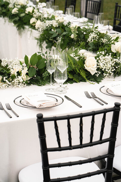 black and white modern wedding reception tablescape